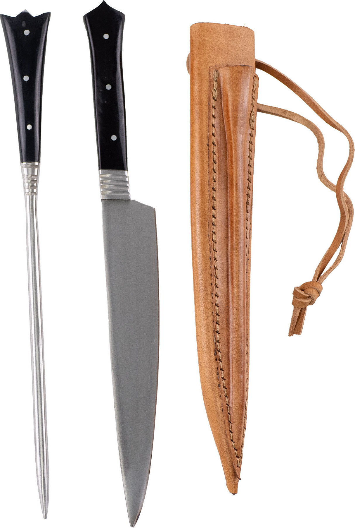 Vehi Mercatus Mittelalter-Besteck Set Typ 3 inkl. Doppellederscheide schwarzer Griff 020 050 020 / Messer+Pfriem+Lederscheide