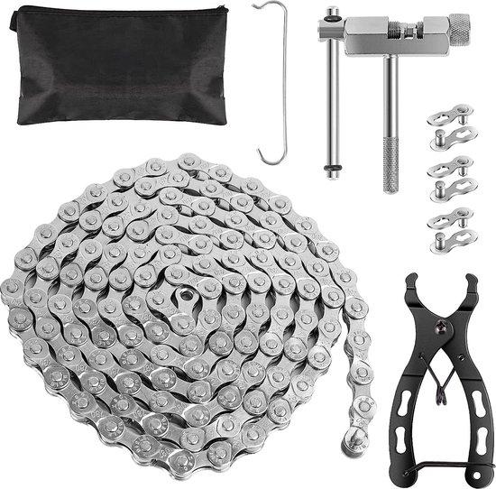 Unyqoos® Fahrradkette 6/7/8-fach 1/2 x 3/32 Zoll, 116 Glieder – Edelstahl-Ketten-Set mit Kettennieter, Kettenzange, Kettenhaken & 3 Paar Kettenschlösser
