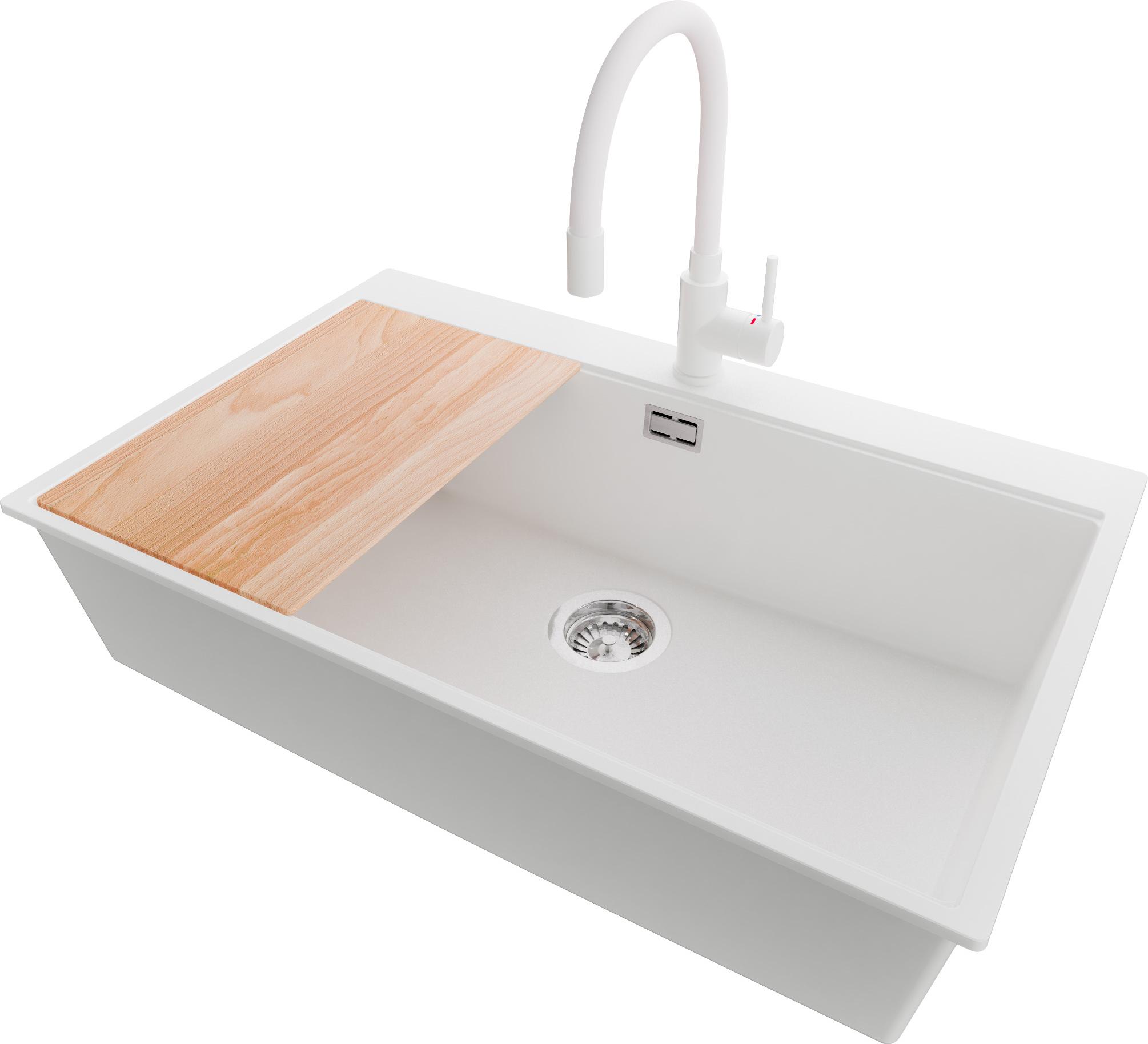 PRIMAGRAN Granitspüle Weiß 78x50cm, Spülbecken 1 Becken + Küchenarmatur 38x14cm + Ablauf-Set + Schneidebrett, Küchenspüle ab 80er Unterschrank - Oslo