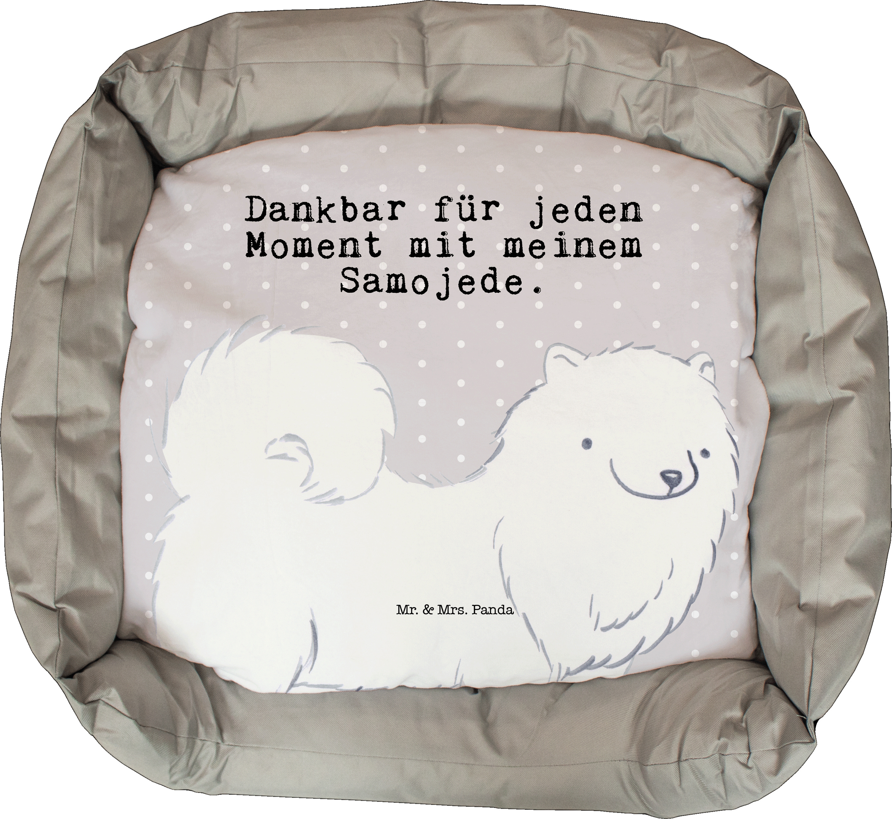 Mr. & Mrs. Panda Hundekörbchen Samojede Moment - Grau Pastell - Geschenk, Welpen, Valentinstag, Samojedenspitz, Muttertag, Vatertag, Ostern, Samojedenhund, Hund PD-1189185-STANDARD