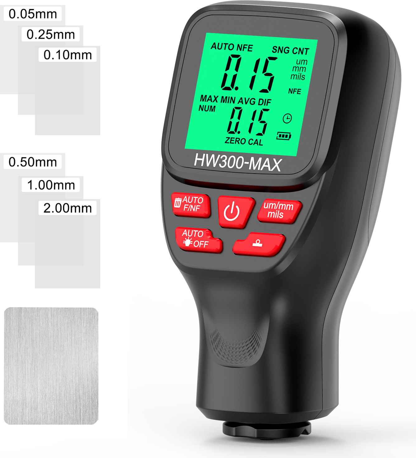 Aibecy 0-2000m Schichtdickenmessgerät, hochpräzises LCD Dickenmessgerät, drei Sondenmodi, drei Einheitenumschaltung, FE/NFE Messung
