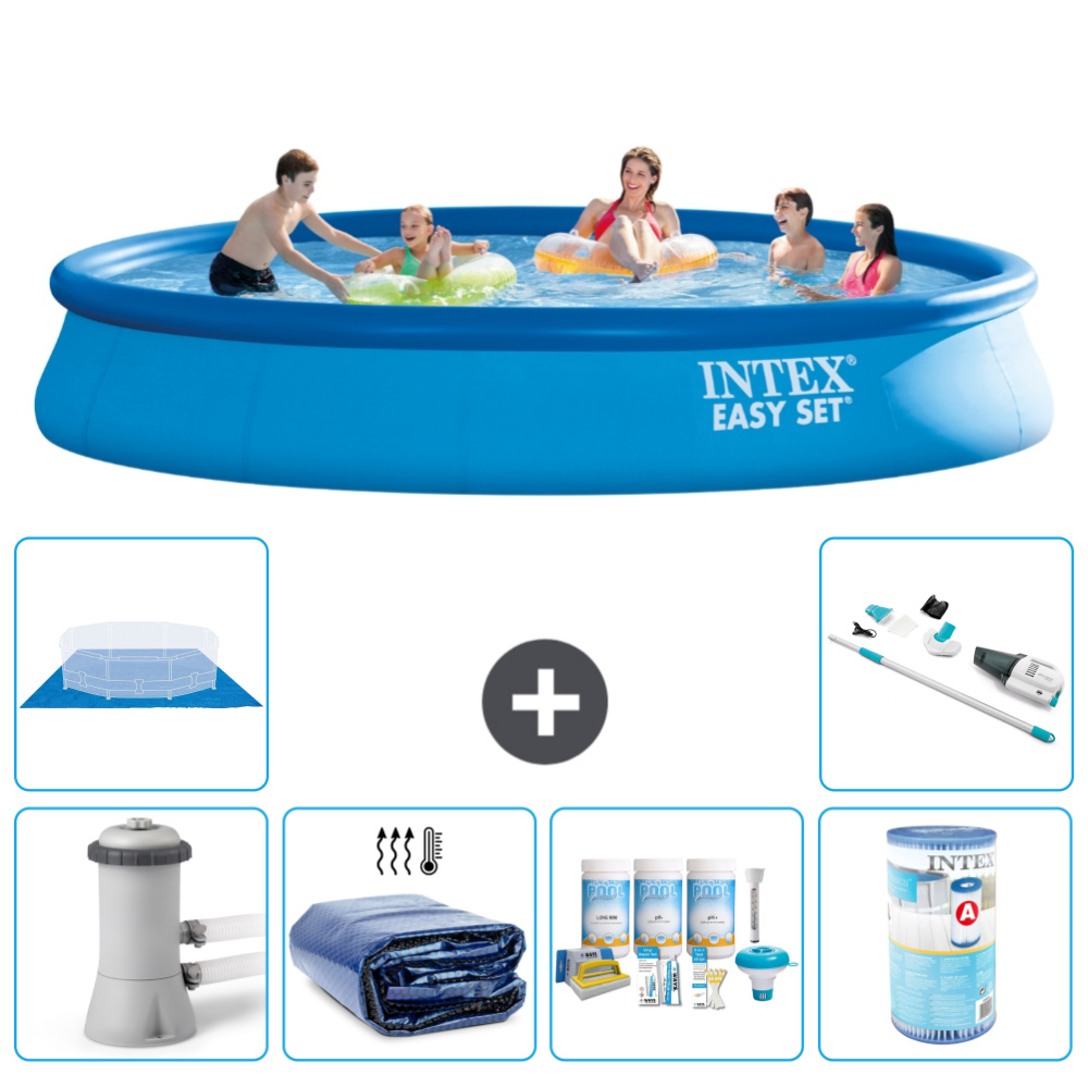 Okrúhly nafukovací bazén Intex Easy Set - 457 x 84 cm - modrý - vrátane markízy s čerpadlom - balík na údržbu - filter - podložka - vysávač