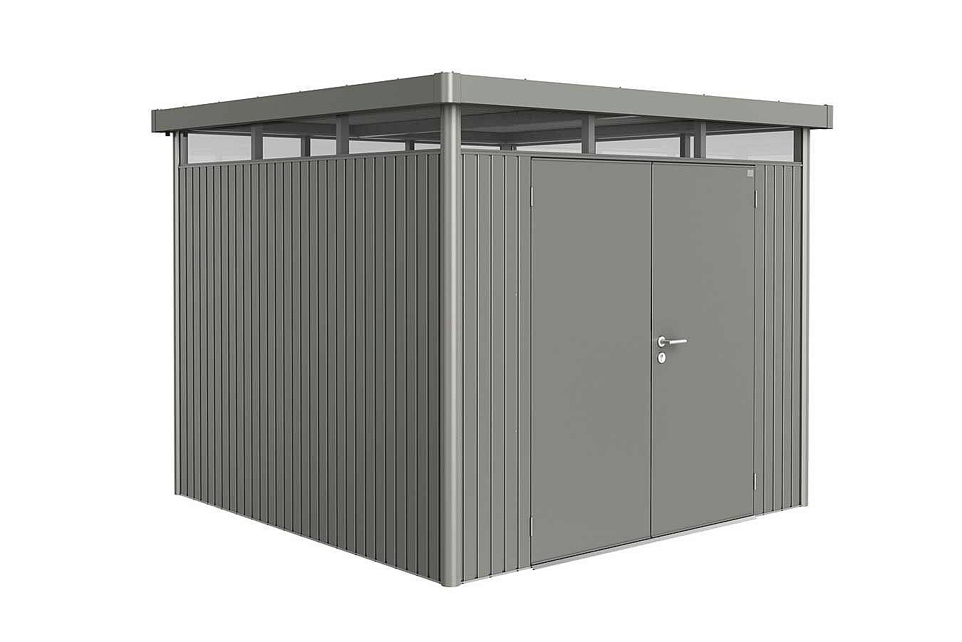 Plechový záhradný domček Biohort HighLine H4 dvojkrídlové dvere 254x254 cm sivý kremeň metalický