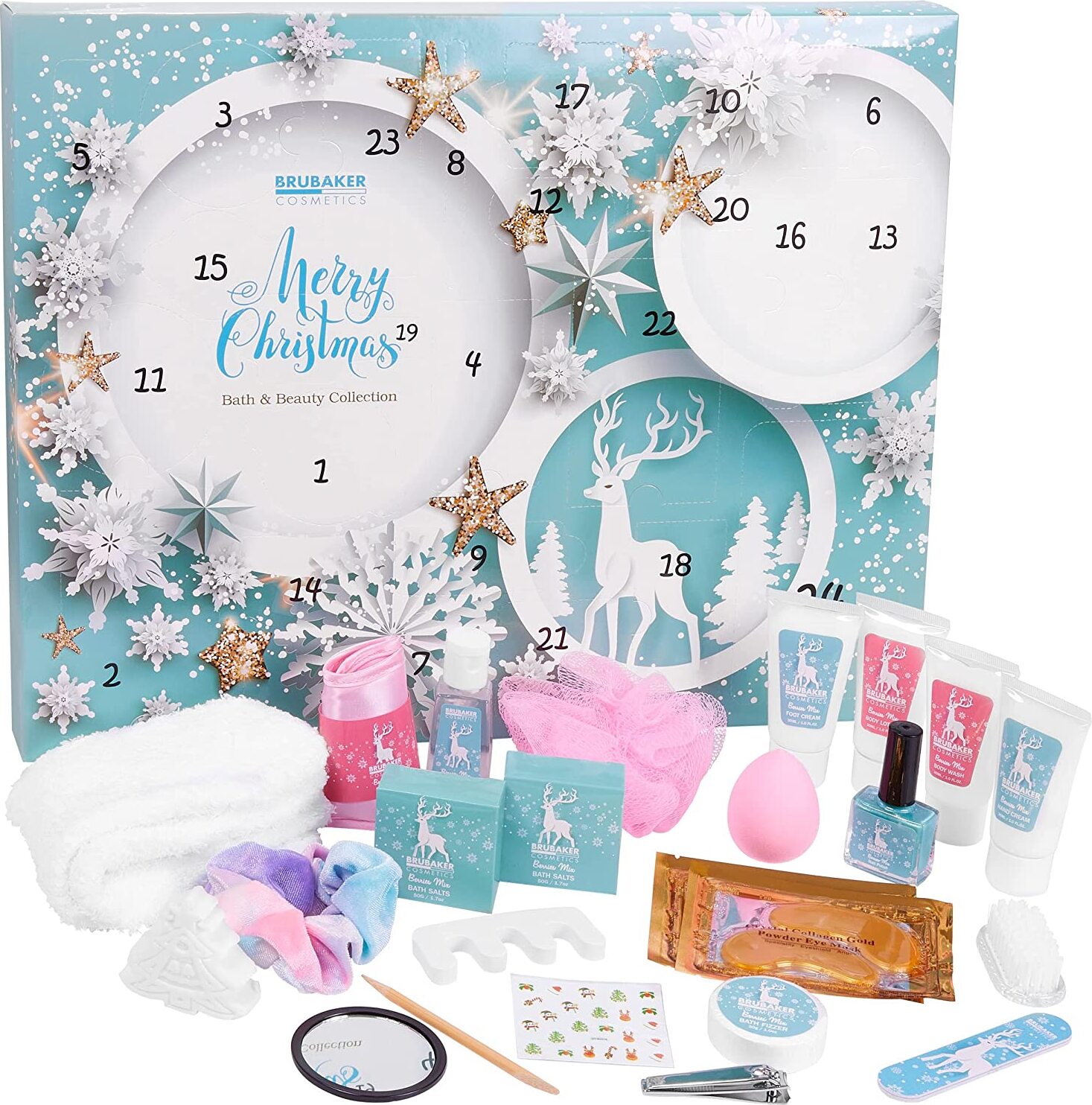 BRUBAKER Cosmetics Beauty Adventný kalendár 24 x produkty starostlivosti o telo a kúpeľné doplnky - XXL wellness vianočný kalendár pre ženy a dievčatá - mentolovo modrý