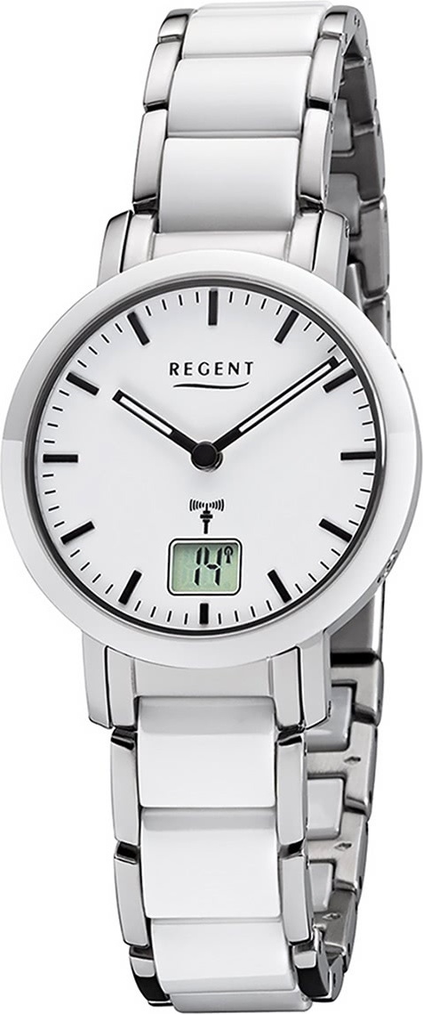 Regent kovové dámske hodinky FR-264 analógové digitálne náramkové hodinky biele rádiom riadené hodinky D2URFR264