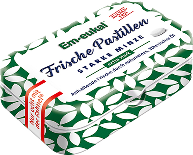 Open Food Frische Pastillen Starke Minze - Em-Eukal - 20g, 20 g, C, e420, e470b, e901, e903, e955, e967, Xylit; Pfefferminzöl; Eukalyptusöl; Menthol; Süßungsmittel: Sucralose; Überzugsmittel:... 2111-2111