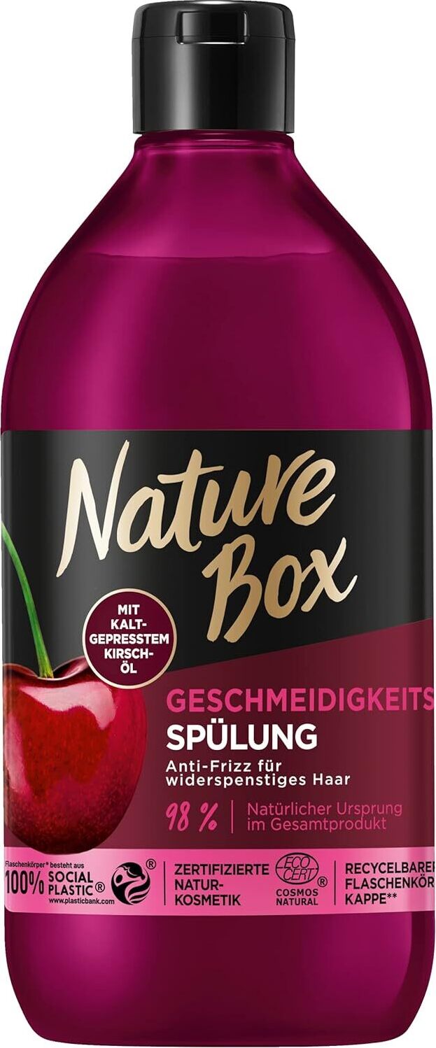 Nature Box Smoothness Conditioner 385ml Cold-Pressed Cherry Oil Ideal for Frizzy Hair Bottle Made from 100% Recycled Social Plastic