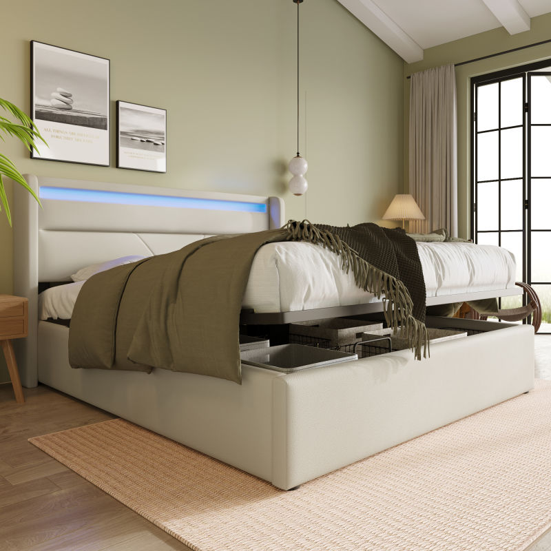 Fortuna Lai čalúnená posteľ 160x200cm s LED a podstavcom pod posteľ, hydraulická funkčná posteľ s úložným priestorom, čalúnená posteľ s lamelovým roštom, funkčná posteľ manželská posteľ Imitácia kože, biela