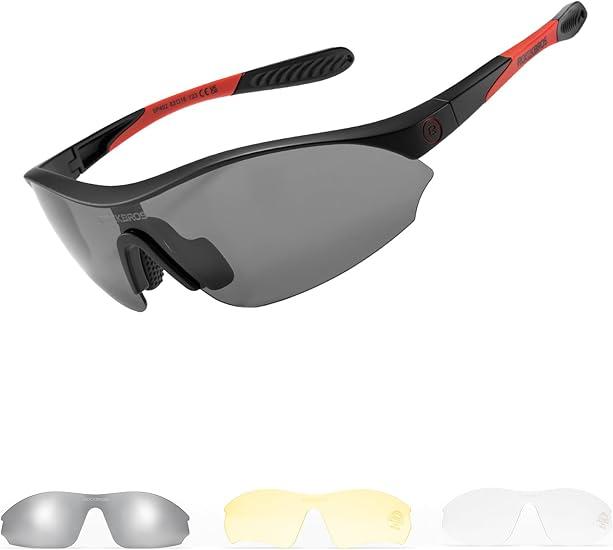 ROCKBROS Fahrradbrille Polarisierte UV400 mit 3 Wechselgläsern , Sportbrille 25g Leichte Laufbrille mit Verstellbare Nasenpads Schwarz matt /Grau