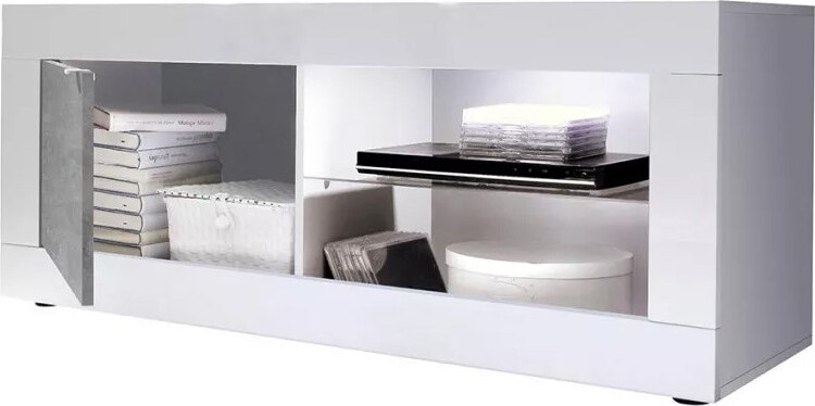 Meublorama Möbelstück TV-Schrank 1 Tür, Kollektion ISORA, Farbe Hochglanz Weiß und Grau Betoneffekt