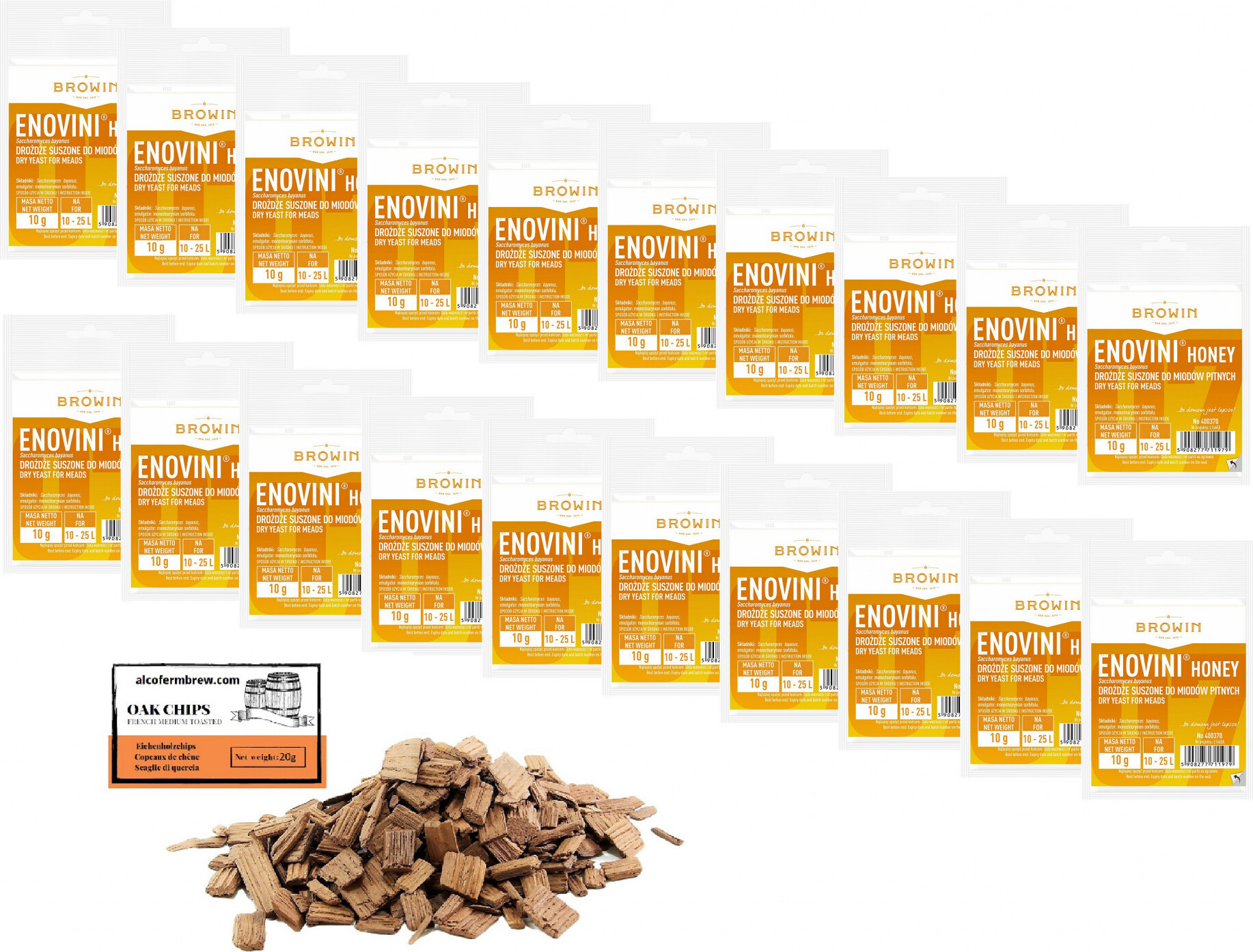 Alcofermbrew 20 x Honigwein Hefe 10g/25L + Eichenholzchips, Trocken Methefe, Weinhefe