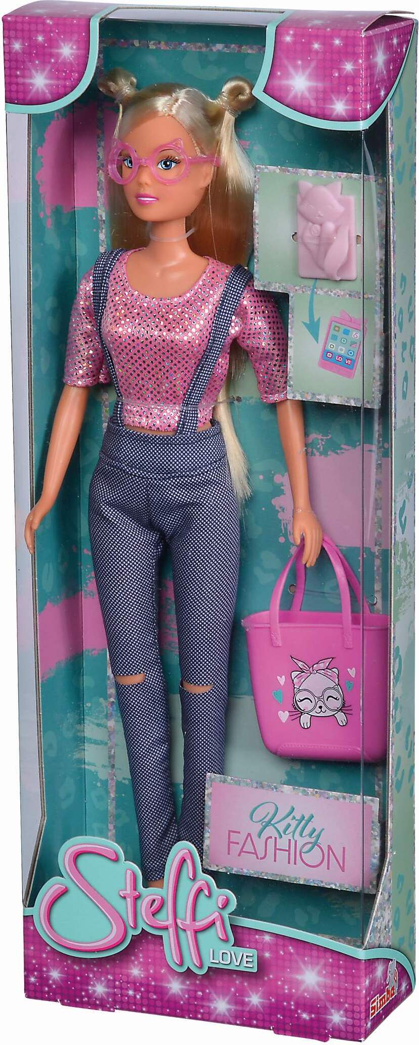 Simba 105733602 - Steffi Love Kitty Fashion, Ankleidepuppe in einem modischen Outfit mit Brille und Tablet in Katzenoptik und Shopper, 29cm Spielpuppe, ab 3 Jahren