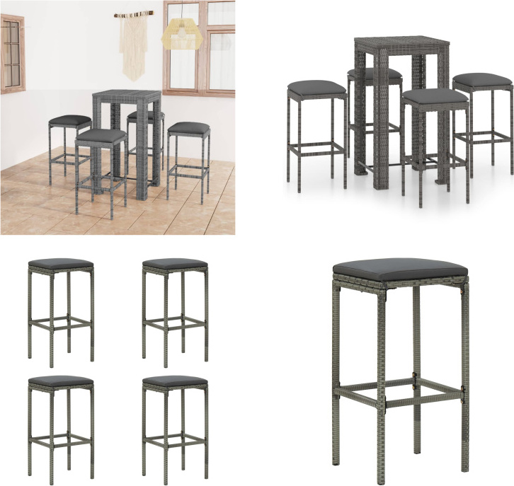 vidaXL 5-dielny záhradný barový set s vankúšmi polyratan sivý - Barový set - Barové sety - Barový stôl a barové stoličky - Barový stôl