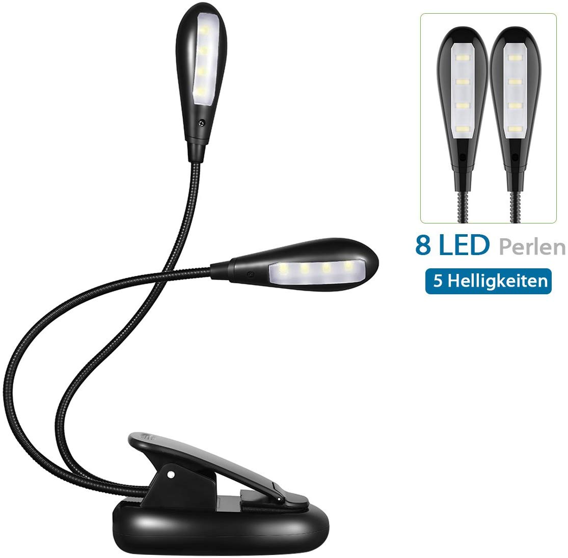 8W LED Klemmleuchte USB Leselampe Tischlampe Buch Licht Buchlampe Clip-on DHL DE 
