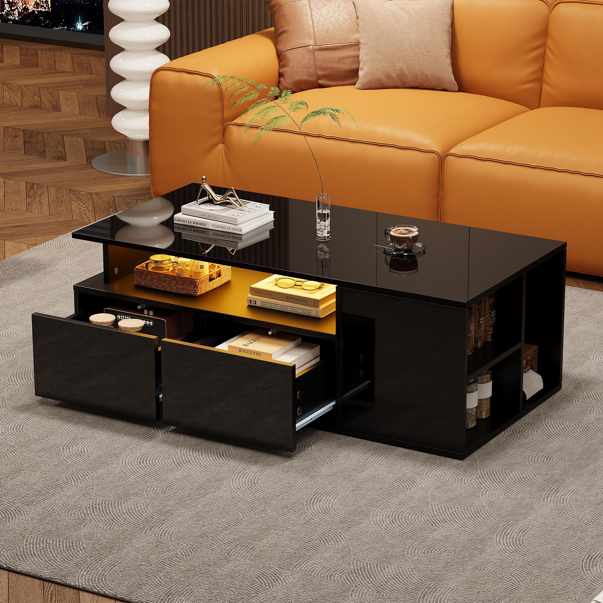 MODFU Couchtisch Kaffeetisch mit LED-Licht und USB,Sofatisch mit 2 Schubladen,mit Gesamttragfähigkeit von 60kg,Schwarz