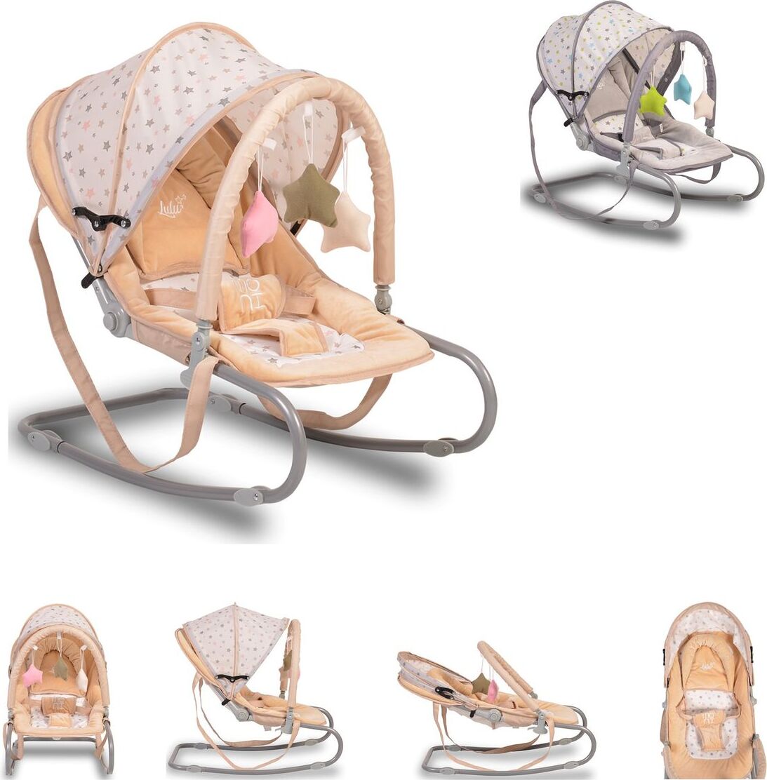 Moni Babywippe Lulu Sitzposition verstellbar Spielbogen Tragehenkel Metallrahmen in beige 107568