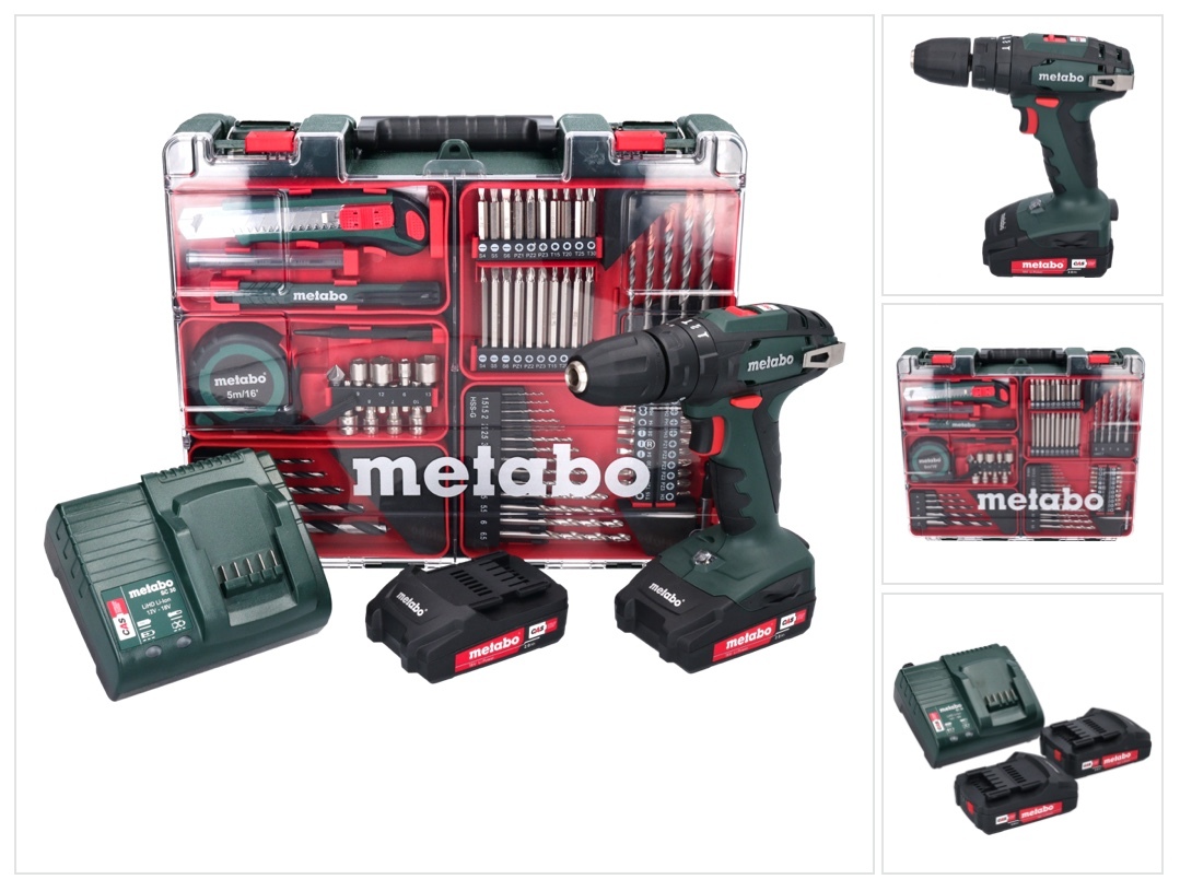 Metabo SB 18 Set akumulátorová príklepová vŕtačka 18 V 48 Nm ( 602245880 ) + 2x batéria 2,0 Ah + nabíjačka + 88 ks sada vrtákov + kufor