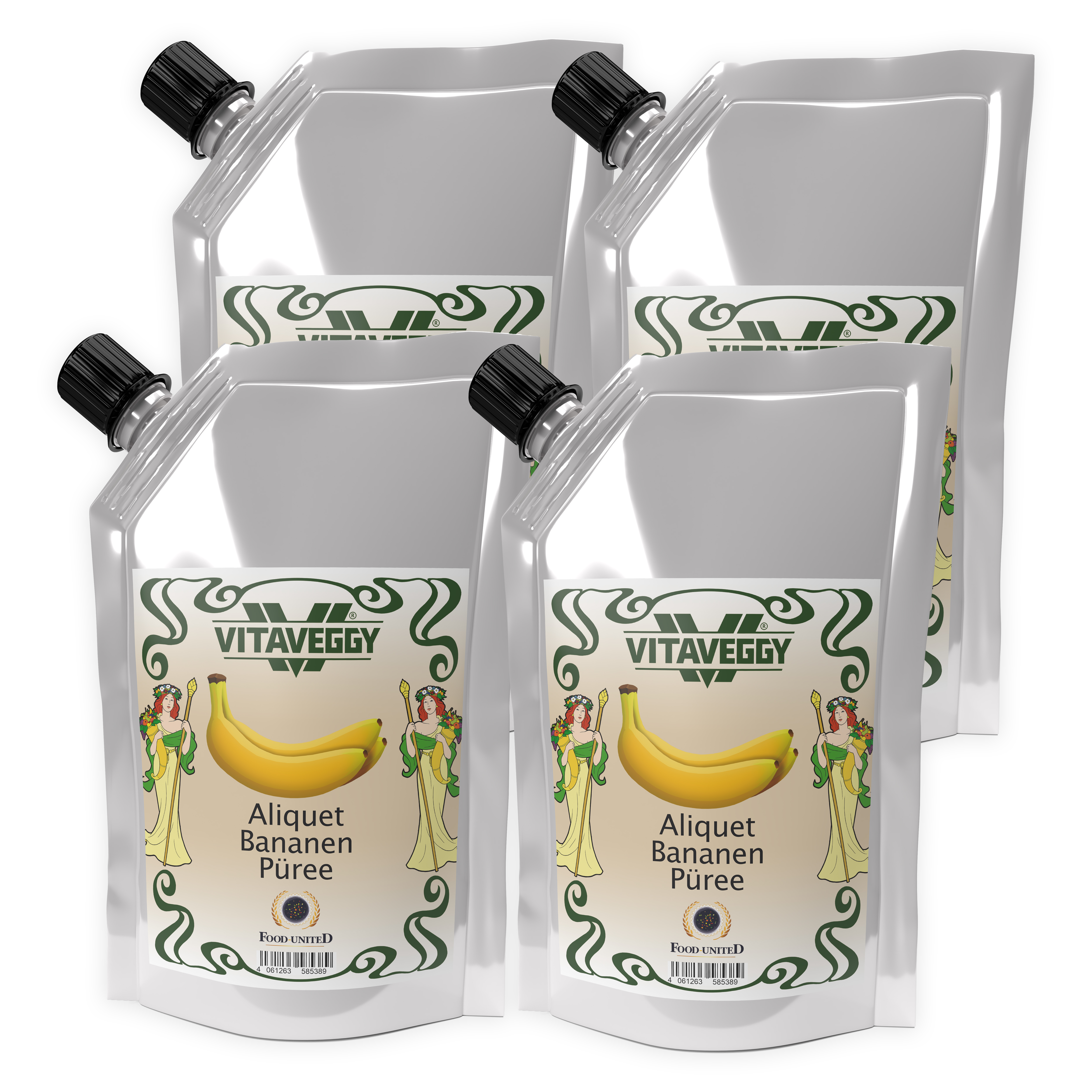 S.Mile GmbH VITAVEGGY Früchte-Püree BANANE 4x1kg ohne Aroma- Farb- & Konservierungsmittel von Food-United, Bananenpüree für Obstbrei & Babybrei oder als Bananenmus Bananenbrei Bananensaft Bannen-Smoothie Sorbet Füllungen Bananen-Kuchen Desserts, GVO-Frei Glute