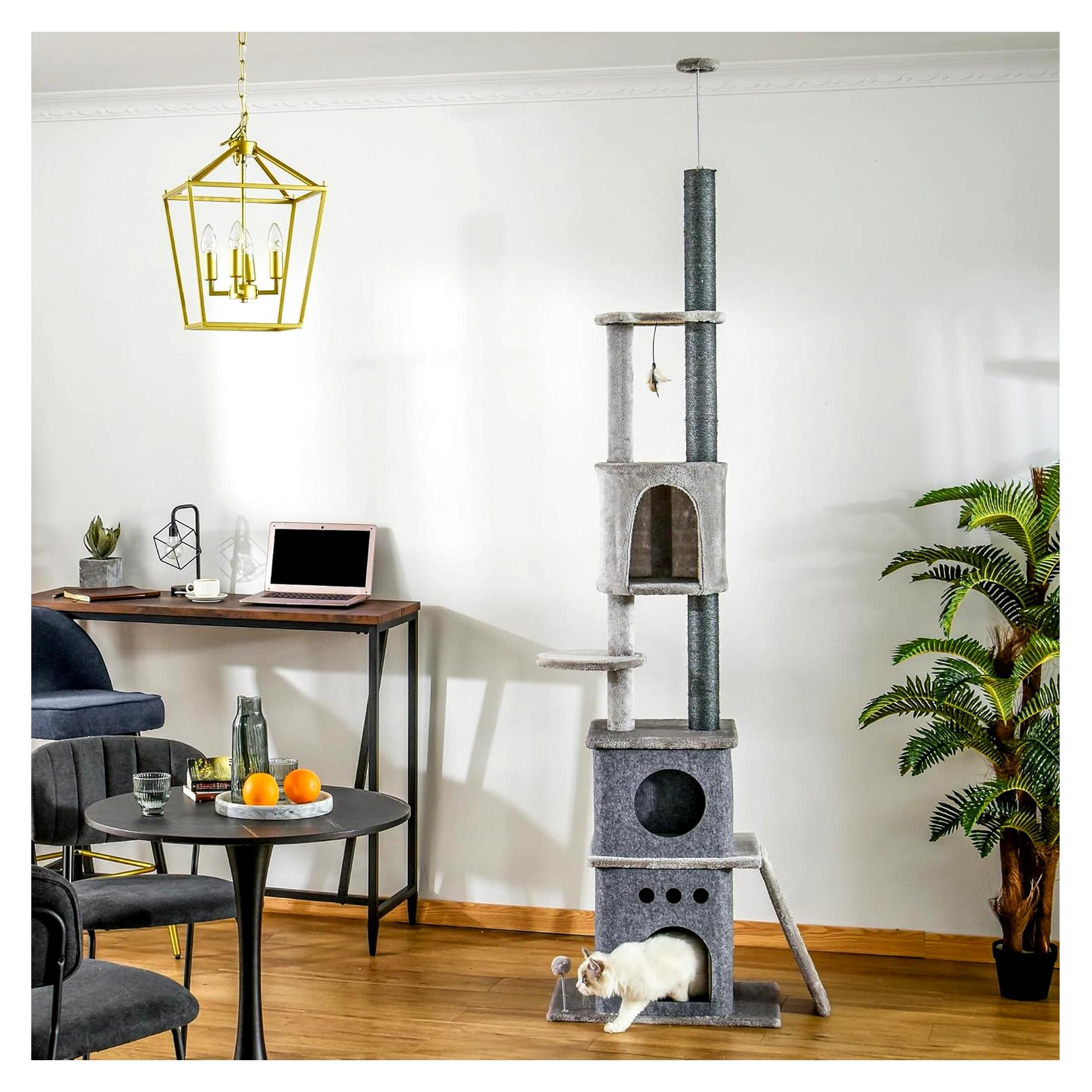 Markenlos Kratzbaum Deckenhoch XXL 225-255 cm höhenverstellbar mit Katzenspielzeug, Sisal, Schlafkorb und Spielplattform für Katzen bis 4,5 kg