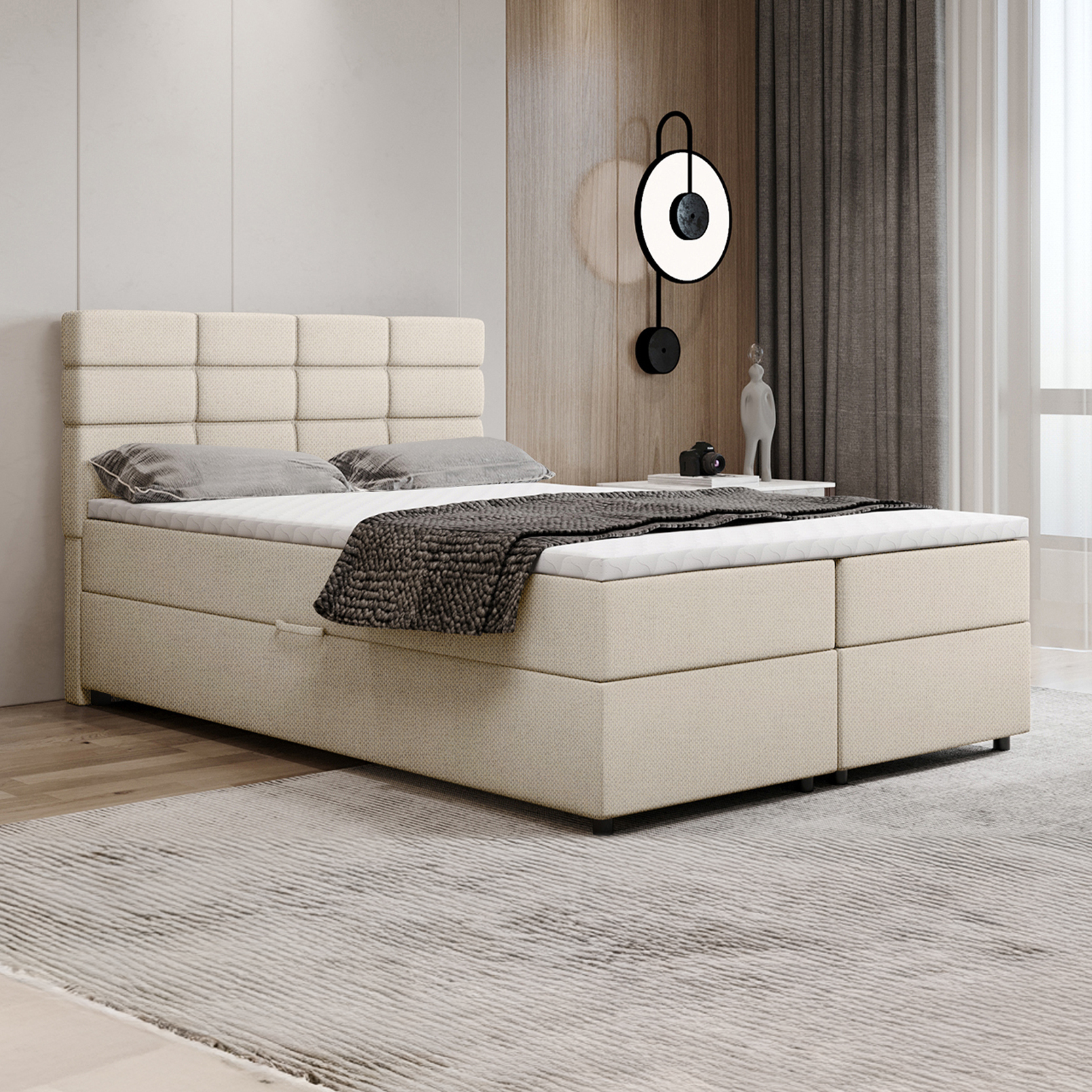 Boxspringbett 140x200, mit Bettkasten, Beige, Matratze und Topper, Doppelbett, REVE, Panda Möbel