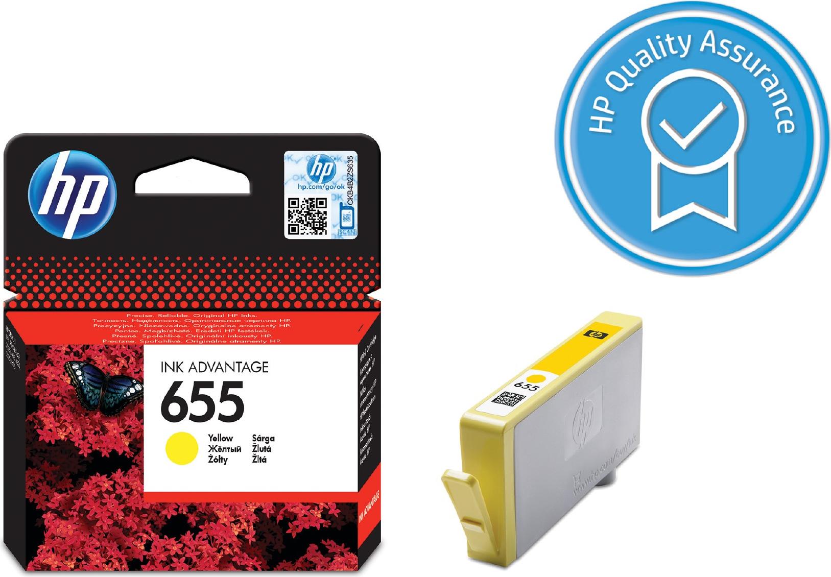HP Žltá originálna atramentová kazeta 655 Ink Advantage, Štandardná výťažnosť, Žltá, Atrament na báze farby, 1 kusov, 600 strany