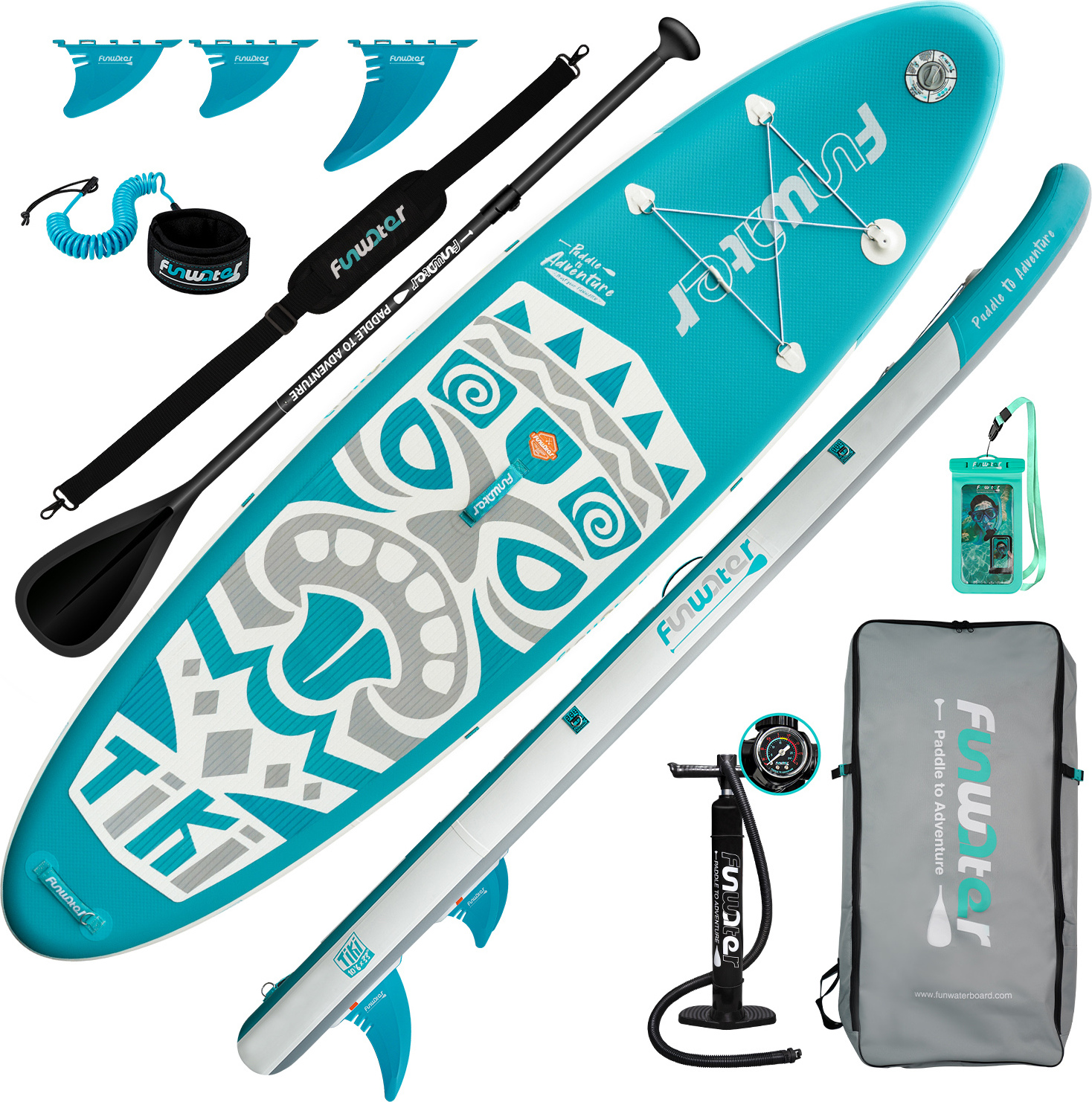 FunWater - Nafukovací paddleboard, SUP doska, paddleboard, surf, kompletná sada príslušenstva, 320x83x15 cm-TIKI-Tyrkys farba