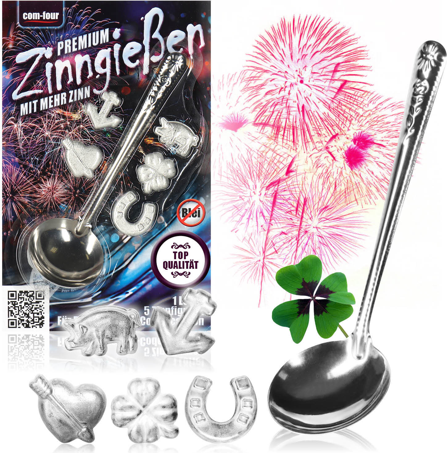 com-four® Zinngießen mit 5 schweren Figuren und 1 Löffel, Silvestergießen das Wahrsagerei-Partyspiel die gesunde Alternative zum Bleigießen CF11882