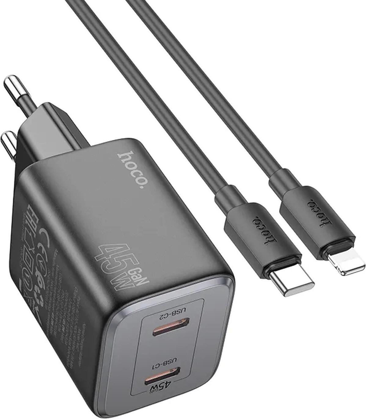 Hoco N42 GaN 45W + USB-C iPhone iPad iPod kábel QC 3.0 Rýchla nabíjačka Napájací adaptér Quick Charge Power Adapter Black