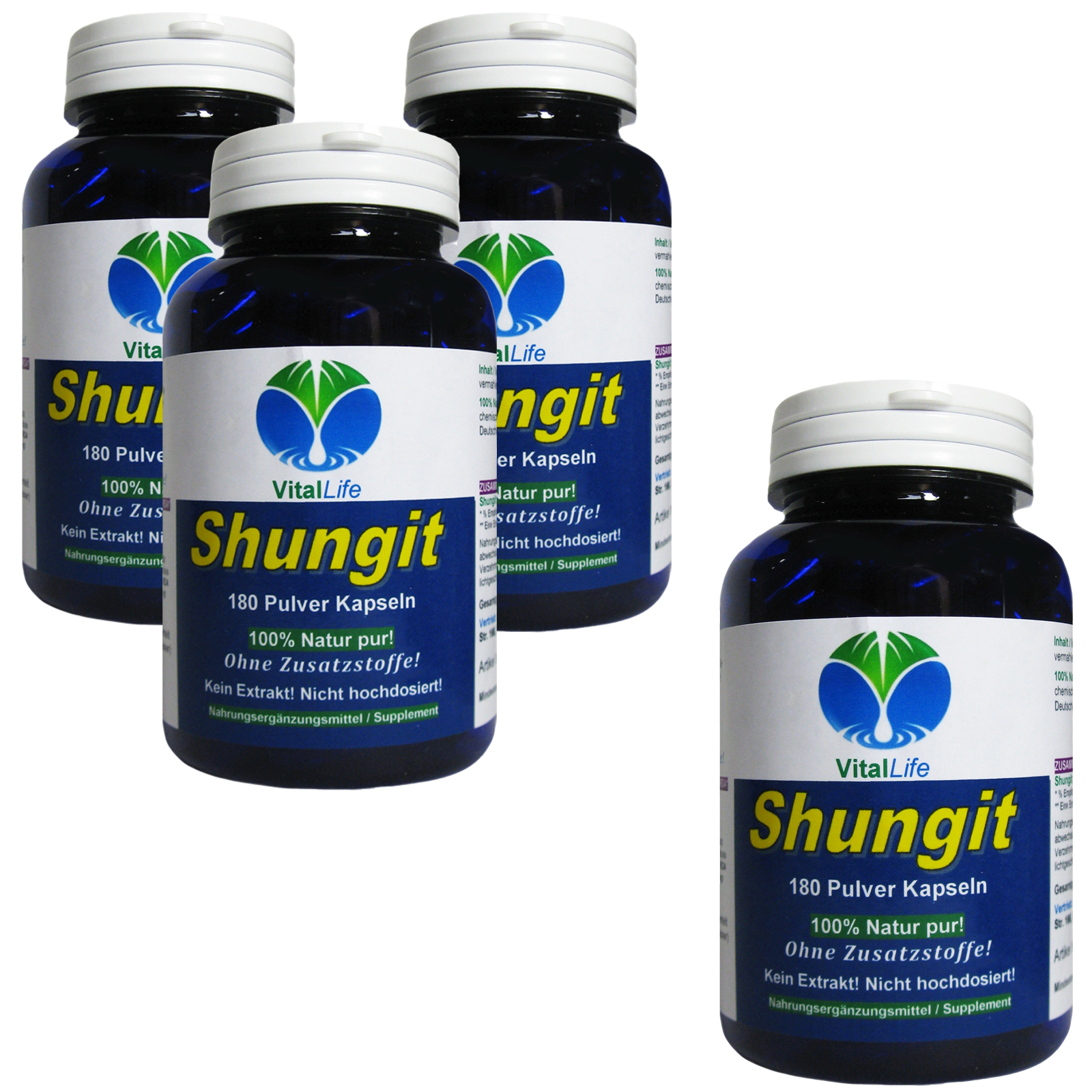 VitalLeben Shungit Edel Schungit 720 (4x180) Pulver Kapseln aus Karelien NATUR pur OHNE Zusatzstoffe 26327-720