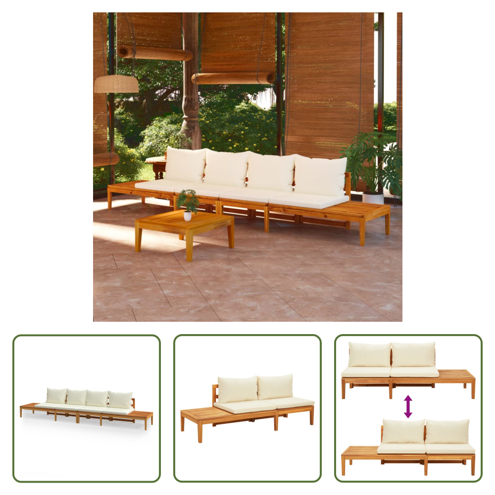 The Living Store Záhradné lavice s krémovo bielymi vankúšmi 2 ks. Akáciové drevo