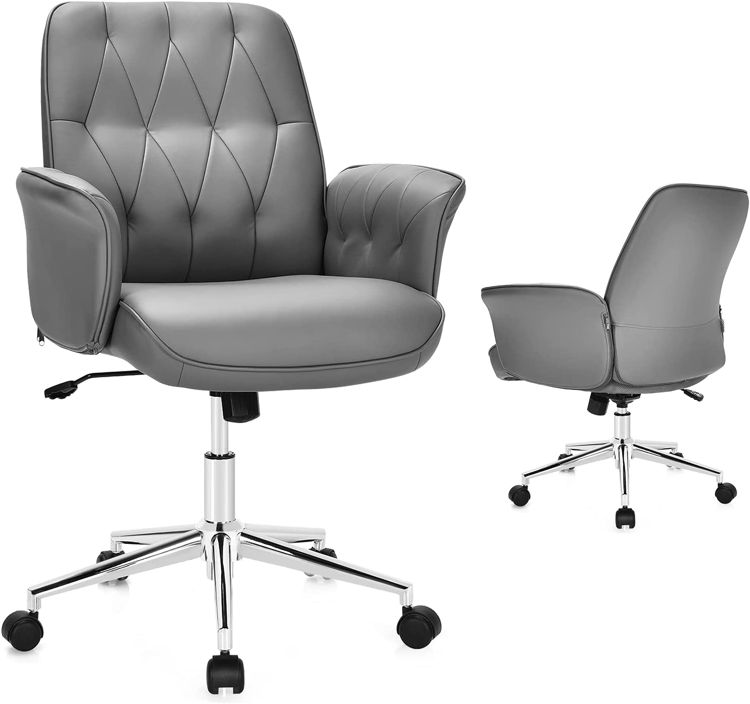 Kancelárska stolička COSTWAY, ergonomická kancelárska stolička, výškovo nastaviteľná otočná stolička s podrúčkami, čalúnená počítačová stolička, otočná manažérska stolička, sivá