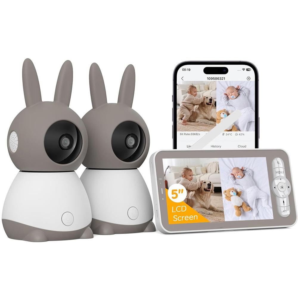 Avylet Babyphone mit 2 Kamera 2K/3MP 5 Zoll WLAN Video Babyfon PTZ 355° IR-Nachtsicht, Automatische Verfolgung, Weinen/Bewegungs/Geräuscherkennung 4xZoom BM0016GYEUIGV3