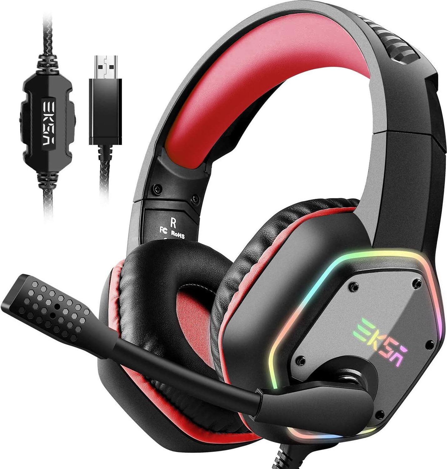 EKSA Gaming-Headset (Gaming Headset Kopfhörer mit Kabel Rauschunterdrückung Mikrofon, USB Headset, Usb gaming headset für pc kabel beleuchtung kopfhörer