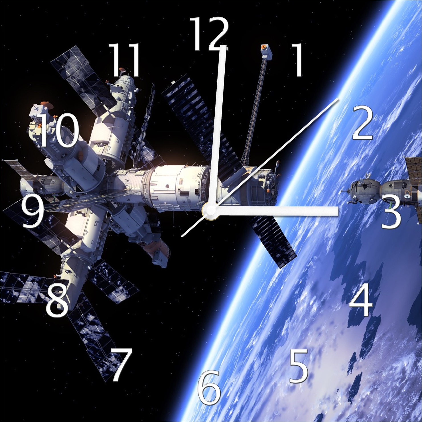 Wallario Design Wanduhr Raumfahrt - Raumstation und Raumschiff im Weltall aus Echtglas, Größe 30 x 30 cm guk5177-3030