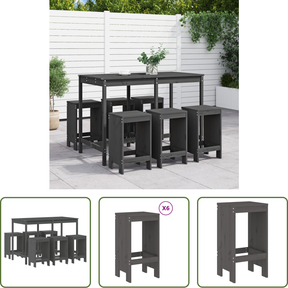 The Living Store 7-dielny záhradný barový set z masívneho borovicového dreva sivý