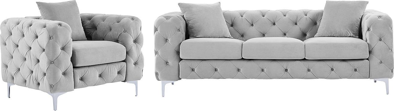 Vente-unique 3-Sitzer Sofa und Velourssessel hellgrau - EDWINA
