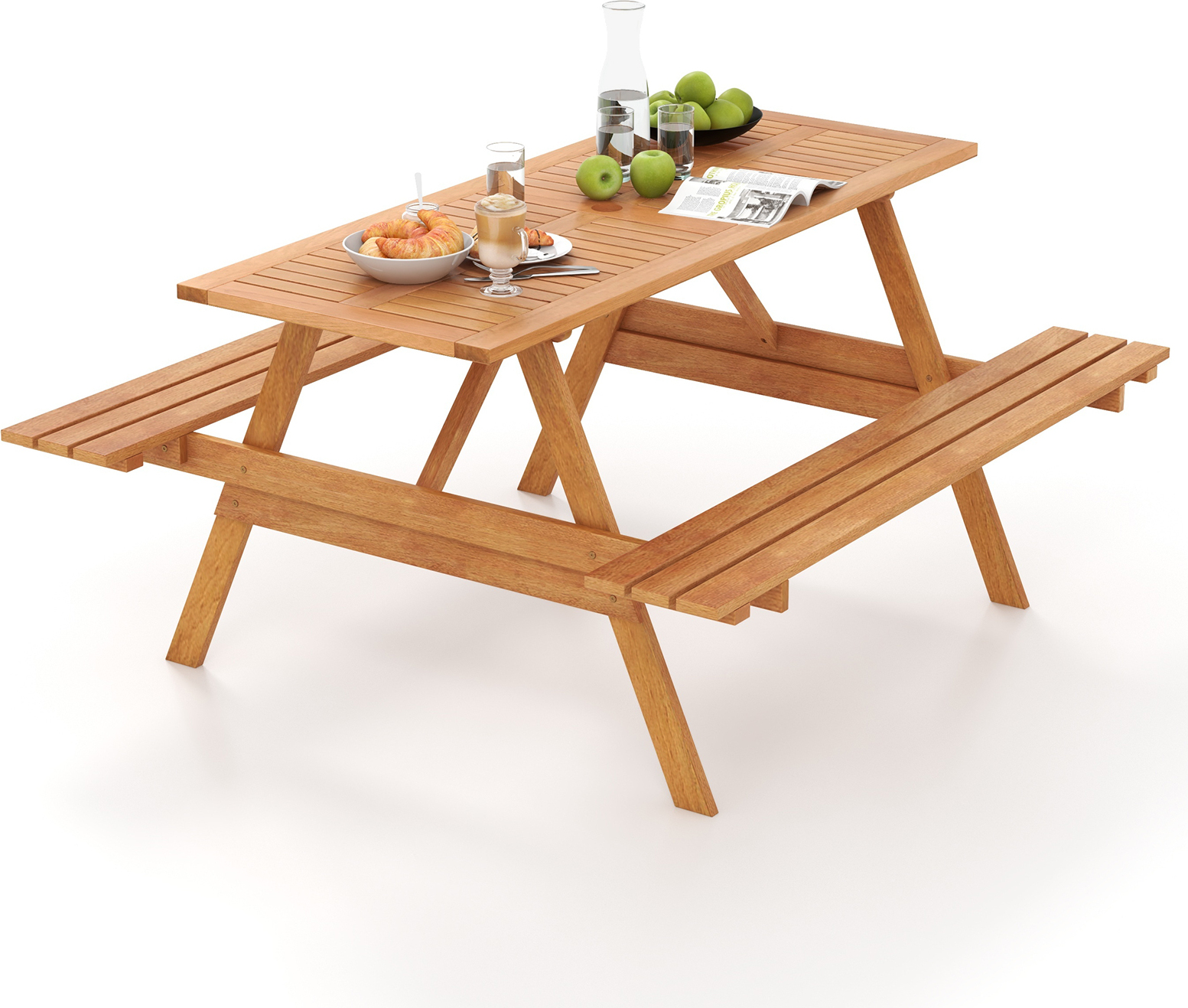 Piknikový stôl COSTWAY pre 6 osôb, obdĺžnikový záhradný stôl s 2 integrovanými lavicami a otvorom na slnečník