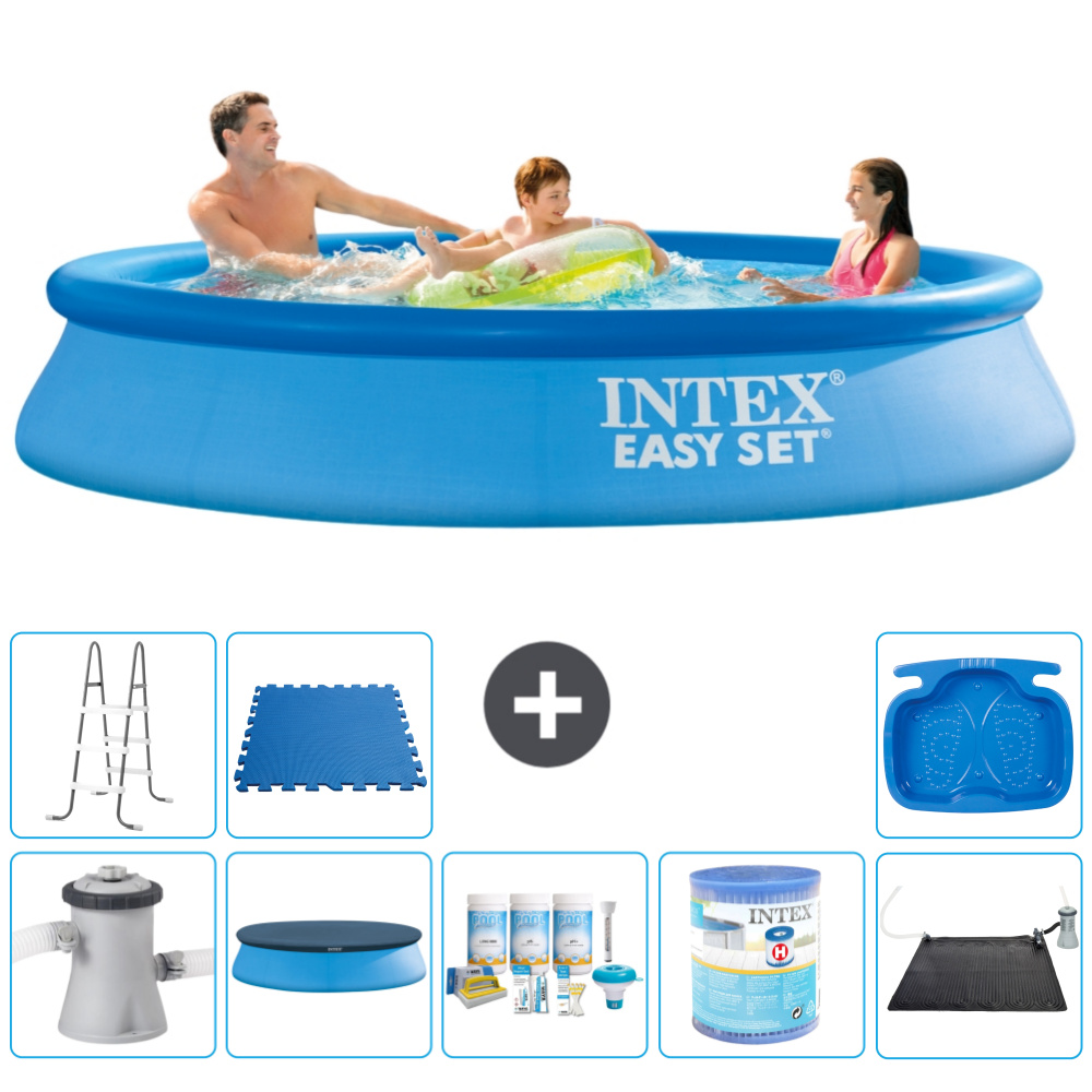 Intex okrúhly nafukovací bazén Easy Set - 305 x 61 cm - modrý - vrátane krytu čerpadla - balík na údržbu - filter - solárna podložka - rebrík - vaňa pre nohy