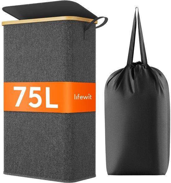 OEM 75L bamboe wasmand met draaggreep, opvouwbare wasmand met waszak, slanke wasmand voor appartement, studentenhuis en caravan, zwart 2026