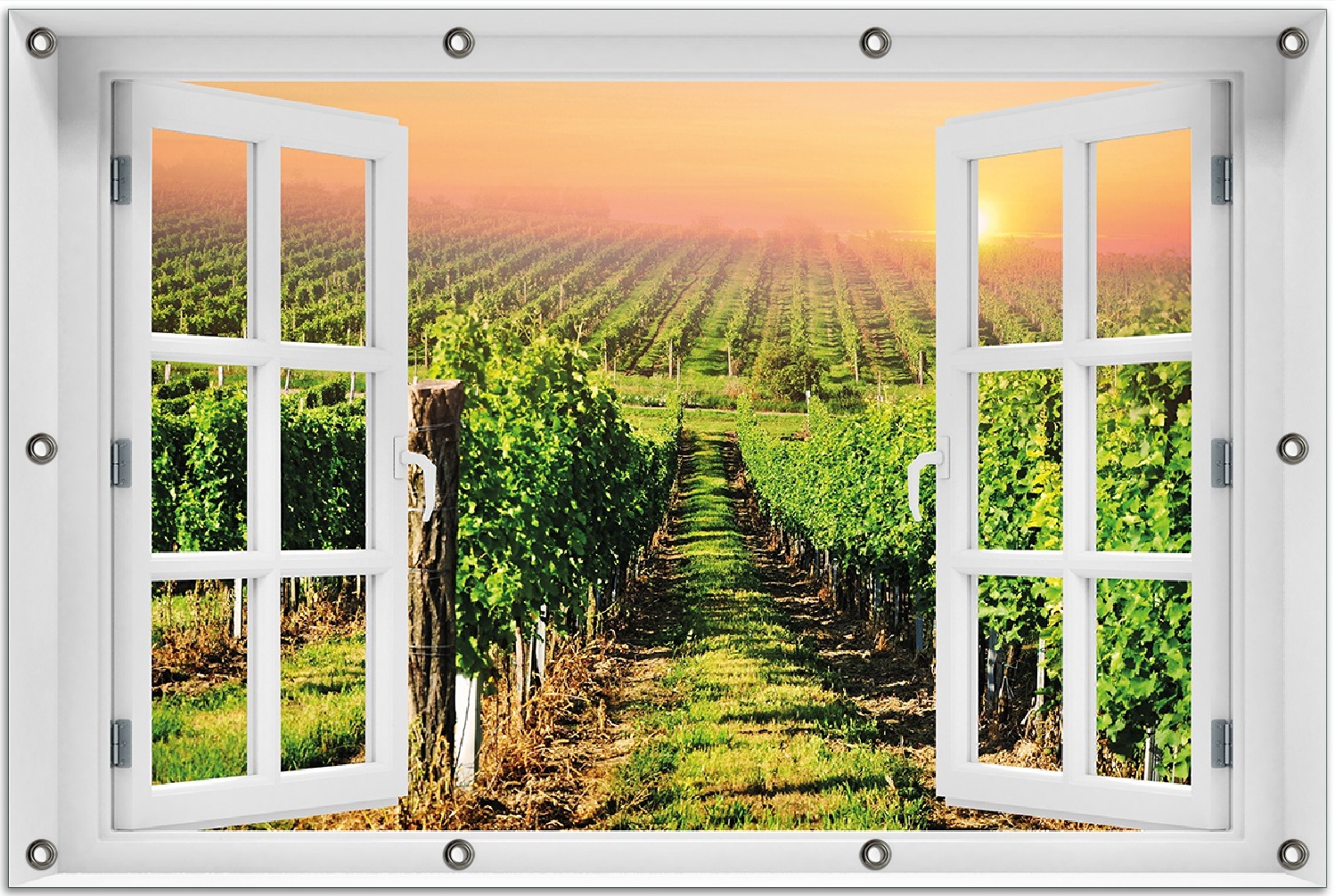 Wallario Outdoor-Poster für Garten oder Balkon 80 x 120 cm: Weinberg mit untergehender Sonne gofe0266-80120