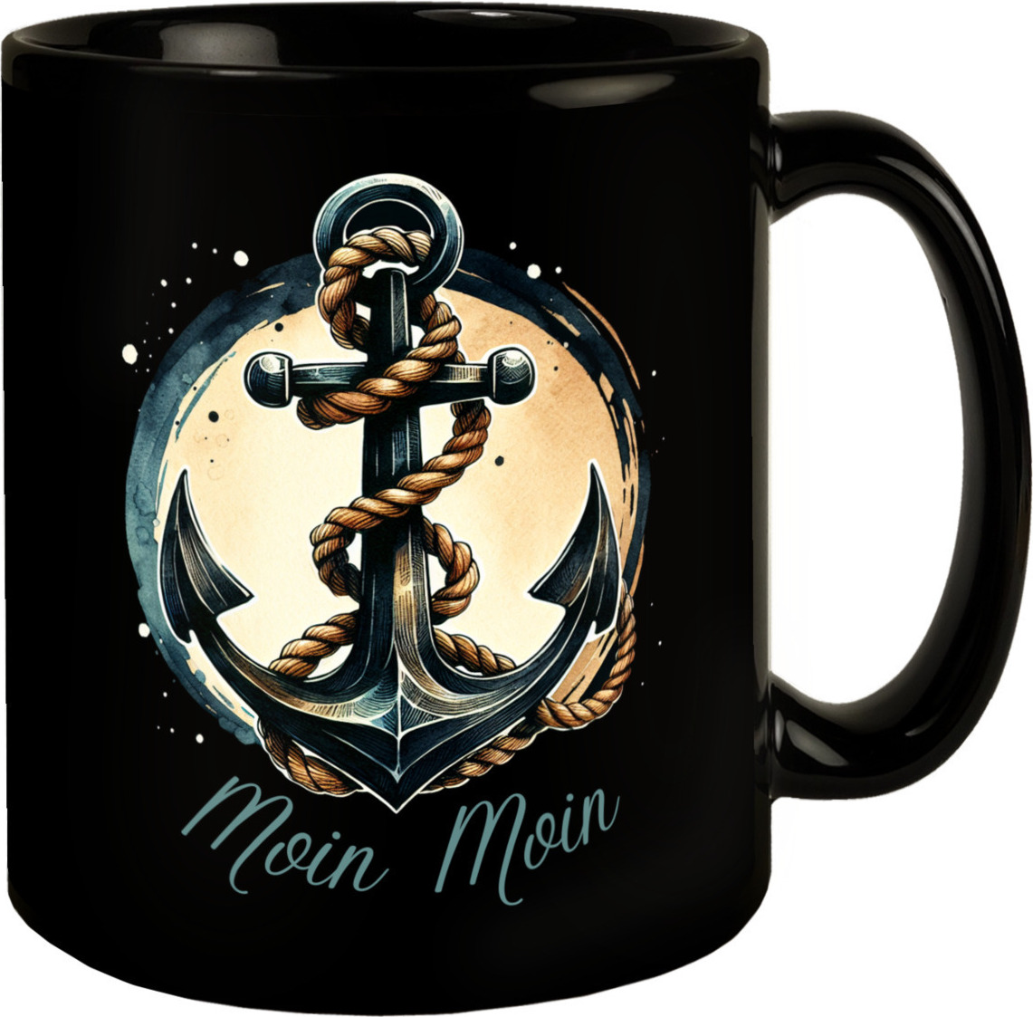 speecheese Anker mit Seil Tasse in Schwarz mit Spruch Moin Moin