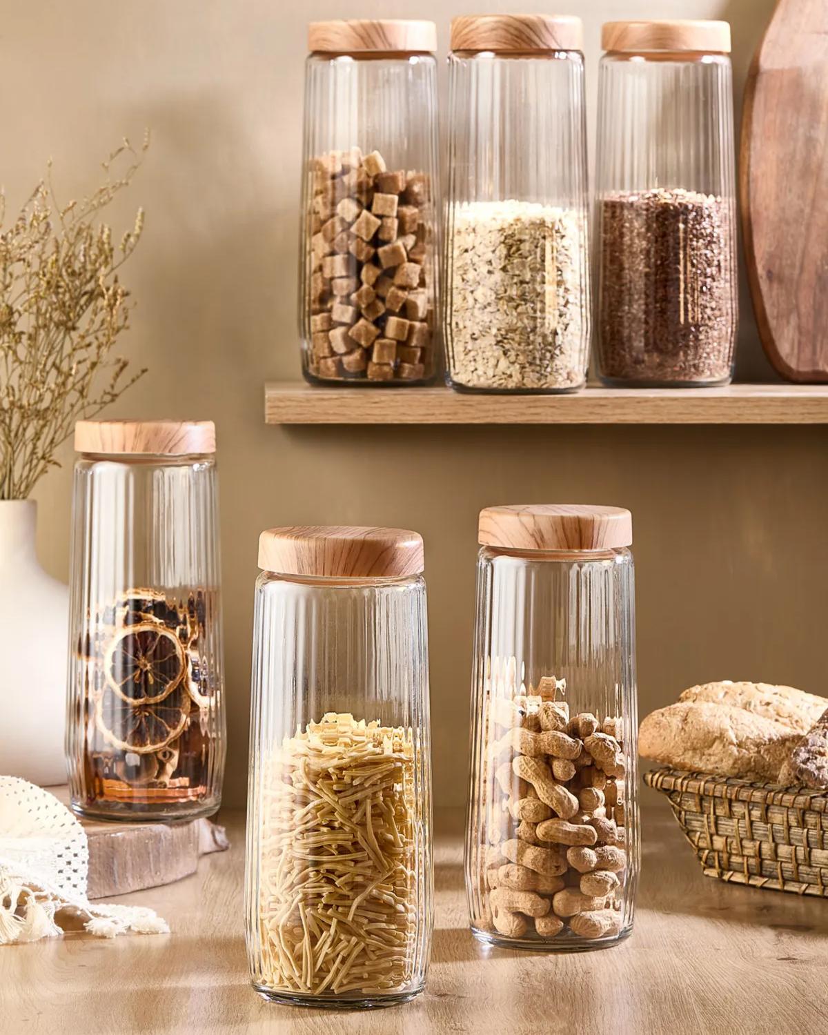 Jungengel 6er Set Glas Vorratsdosen 1,5L mit Schraubdeckel Bambus Optik – Aufbewahrungsgläser für Nudeln, Müsli, Reis, Mehl, Küche & Vorrat Vorratsgläser JET1368X