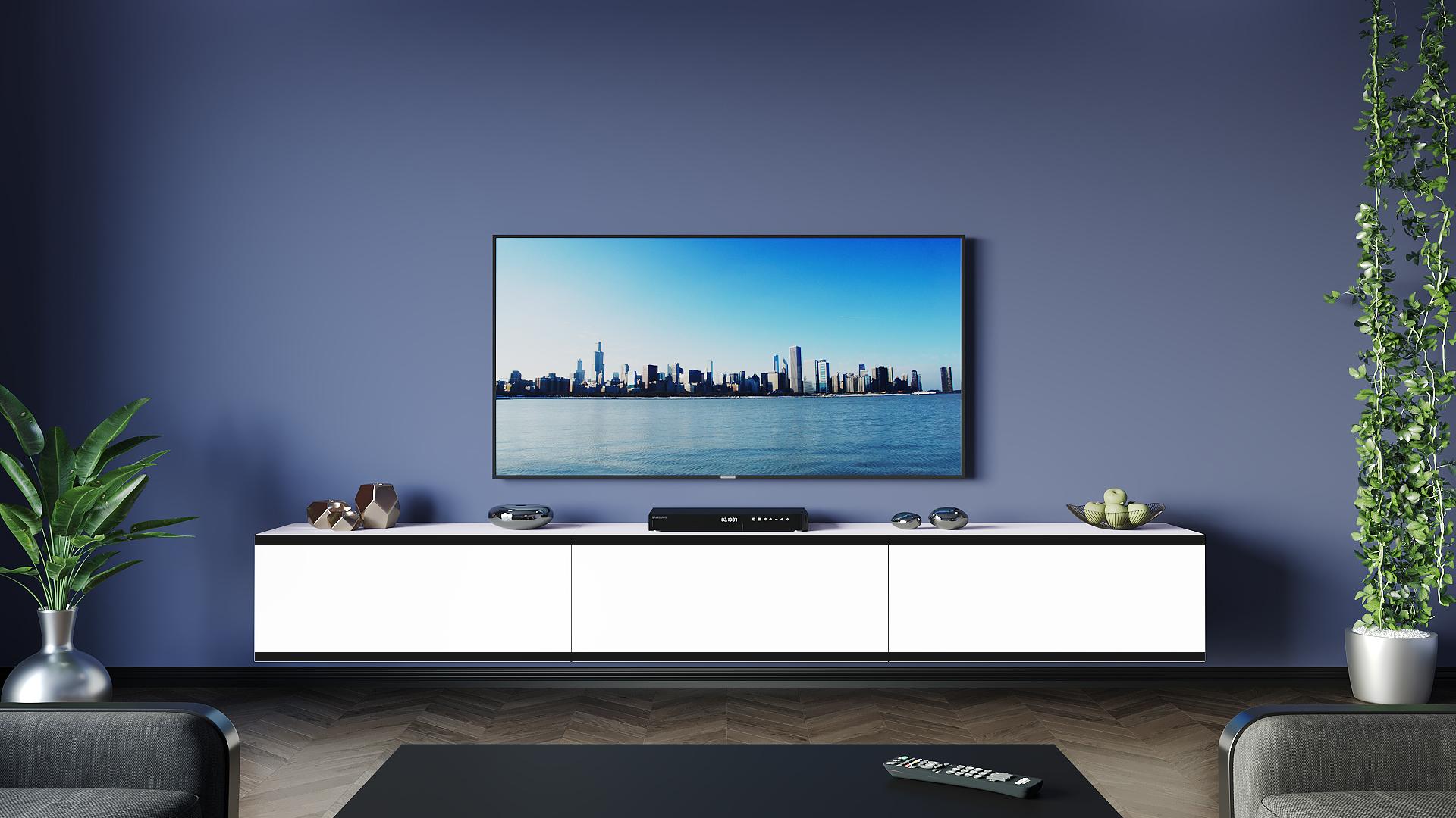 FURNITECH TV Lowboard TV Board hängend TV Schrank/300 cm Weiß Matt, Schwrze Zierleiste M9-24M-W2-LCZ1-1G