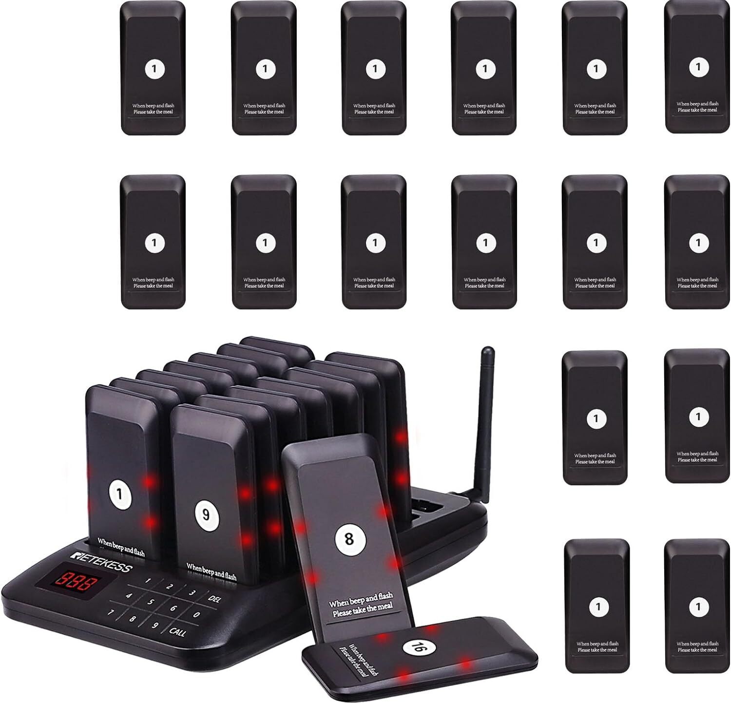 Retekess TD157 Pager Rufsystem, 32 Pager, 300mAh Batterie, 1-99s Rufdauer, Play and Play, einfach zu bedienen, kundenrufsystem für Food Court EUF9478A-F9478DX16
