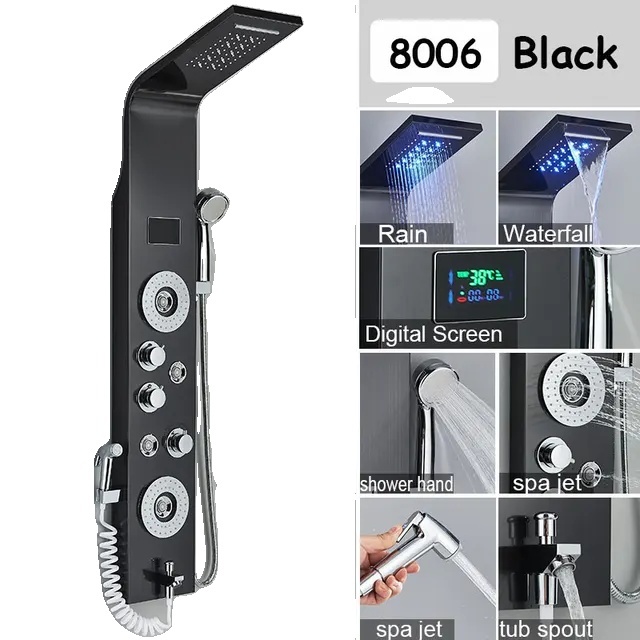 OEM Duschpaneel, Regen- und Wasserfallfunktionen, LED-Temperaturanzeige, Schwarz 8006 2370