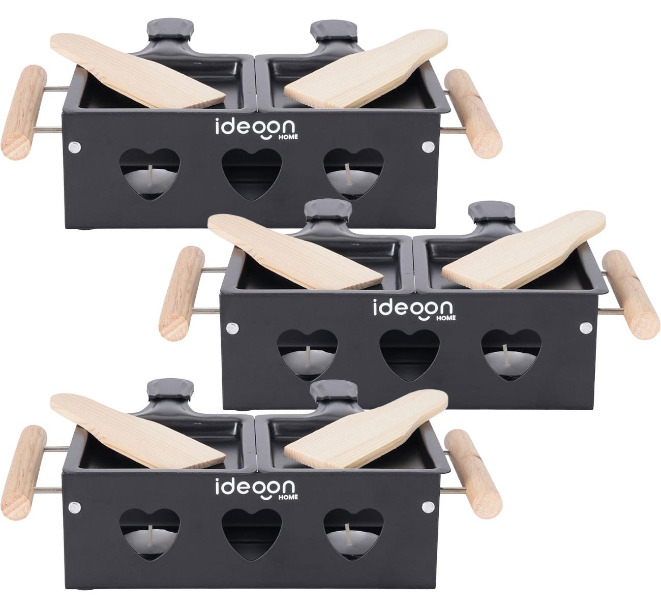 ideoon 3er-Set Raclette-Teelicht für je 2 Personen, Raclette Set ohne Strom inkl. Teelichtern und Schaber, Metall, ideal für Balkon, Camping & unterwegs CH11560