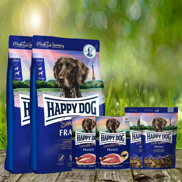 Happy Dog Sensible France 2 x 11 kg + 2 x 100 g Happy Dog Soft Snack France + 2 x 400 g Happy Dog Sensible Pure France