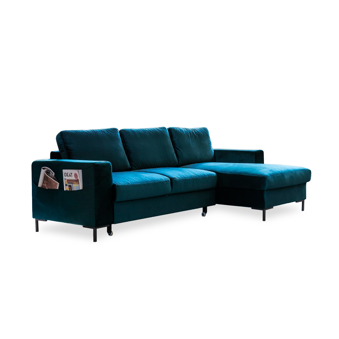 Ecksofa Lofty Lilly mit Bettfunktion Velours KRO-04 Petrol Blau Ausrichtung Rechts