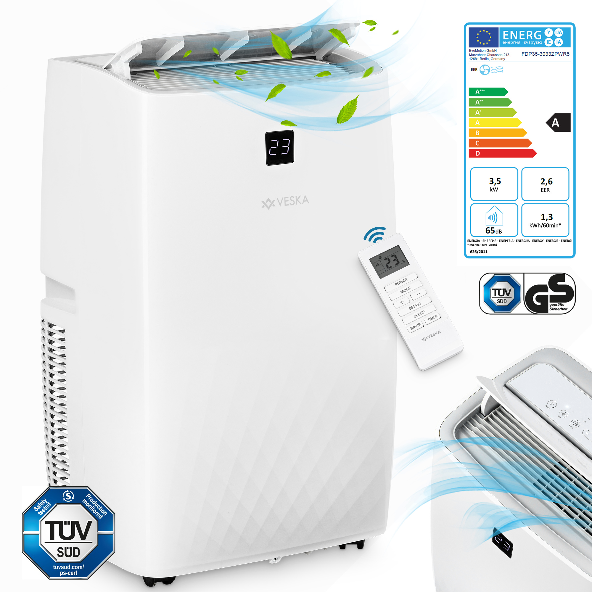 Mobilná klimatizácia 12000 BTU/h (3500 W) - Mobilná klimatizácia 4v1 s WiFi/App monoblokové chladenie - diaľkové ovládanie, 24-hodinový časovač, odvlhčovač