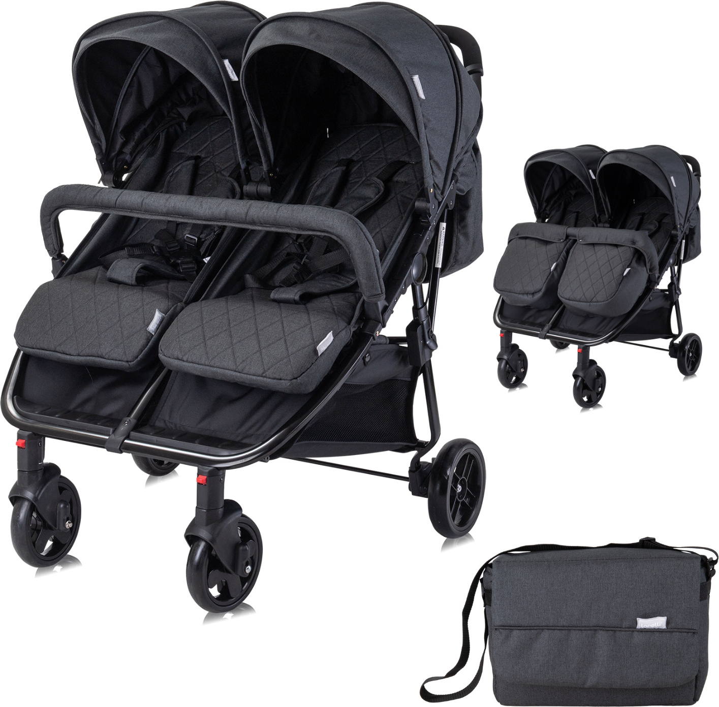 Lorelli Zwillingskinderwagen Duo, Zwillingsbuggy leicht und kompakt, Zwillingswagen, Kinderwagen für 2 Kinder, Buggy für Zwillinge, Schwarz 10021542305
